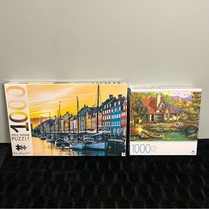 Bundle of 2 Jigsaw Puzzles 1000 Pieces Each Colorful Cottage and City Harbor